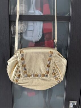 Vtg Gold Metallic Crossbody Shoulder Bag with Beaded Detail